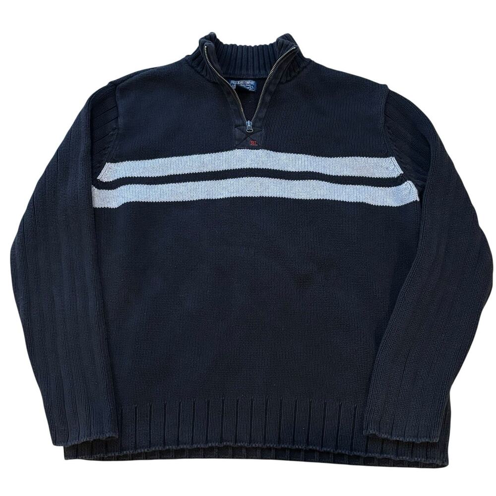 Vintage Polo Jeans Co Black 1/4 Zip Knit Sweater Gray Double Chest Stripe XXL